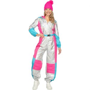 80er Jahre Skianzug Kostüm Overall holographische Spiegelscherbenoptik Superdeluxe mit Kapuze silber-pink