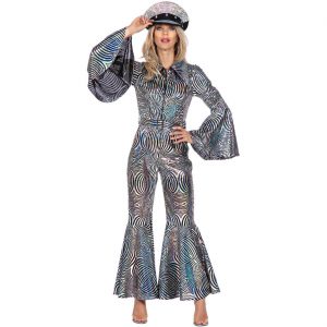 Show Disco Kostüm Overall multicolor schimmernd Wellen-Style auch für Abba silber-schwarz