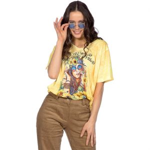 70er Jahre Hippiegirl T-Shirt kurzarm Stay Wild Flower Child gelb-bunt