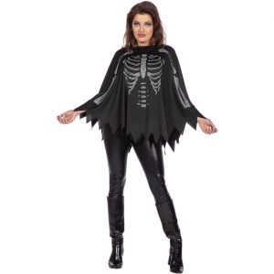Skelett bleich Kostüm Poncho Überwurf mit Brustkorb und Armen aus Strasssteinen Deluxe schwarz-silber