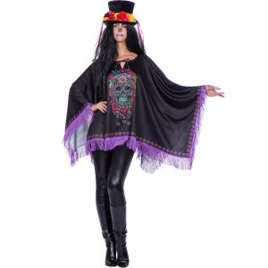 Schädel bunt D.d.l.M. Kostüm Poncho Überwurf mit Fransen und Blumenschädel schwarz-bunt