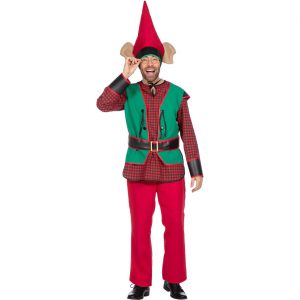 Zwerg Gartenzwerg Kostüm Anzug kariert mit Mütze mit Riesen Ohren rot-grün