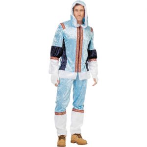 Inuit Eskimo Kostüm Kleid kurz Deluxe aus Samt mit Fellimitat blau-rot