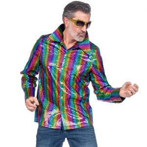 Show Disco Hemd Bluse metallic Deluxe quadratischen Pailletten regenbogen