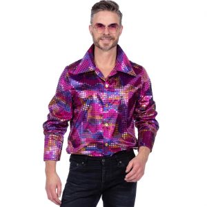 Show Disco Hemd Bluse metallic Deluxe quadratischen Pailletten pink-lila