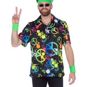 70er 80er Jahre Peacezeichen Hemd Bluse kurzarm T-Shirt Hippiehemd schwarz mit Neonfarben bunt