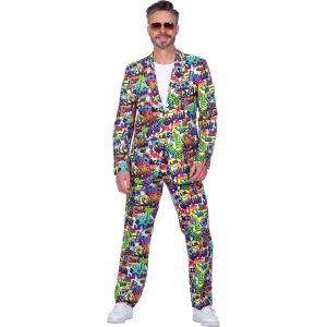 90er Jahre 2000er / Festival Kostüm Anzug im Comicstyle mit Aufdruck Lol Inlinern Wow Graffitti bunt