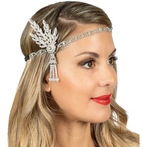 20er Jahre Charleston / Can-Can Stirnband mit aufwändigen Strassfedern angenehm zu tragen silber-schwarz