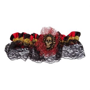 Piraten / Schädel Motivstrumpfband mit Spitze und in Messing gefasstem Totenkop rot-schwarz