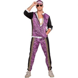 80er Jahre Jogginganzug Kostüm Anzug mit Leomuster und goldener Borte Pink Panther Herren pink-schwarz