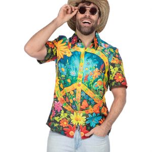70er 80er Jahre Peacezeichen Hemd Bluse kurzarm T-Shirt Hippiehemd mit Blumen bunt