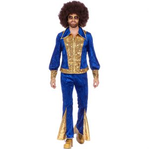 Superstars ABBA Kostüm Anzug aus Samt mir Pailletten Disco Herren türkis-silber