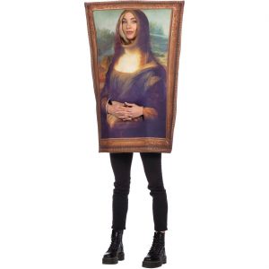 Mona Lisa Bild Kostüm Poncho Überwurf Gemälde mit Durchlass für Hände und Gesicht braun-bunt