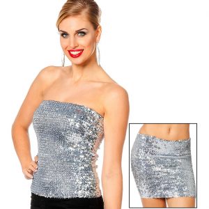 Showgirl / Festival Shirt Top trägerlos / Rock schulterfreies Shirt mit Pailletten elastisch auch als Rock silber
