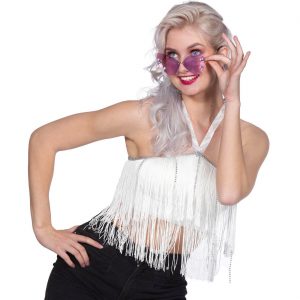 Showgirl / Festival Shirt Trägershirt Top mit Fransen Neckholder weiß