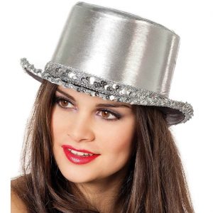 Show / Saloon Zylinderhut metallic mit Paillette Lamee Deluxe silber