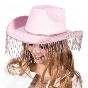 Cowgirl Cowboy / Festival Cowboyhut mit Strass Zierband und Strassfransen rosa