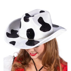 Cowgirl Cowboy / Kuh Cowboyhut aus Samt mit Kuhflecken und Glitzer schwarz-weiß