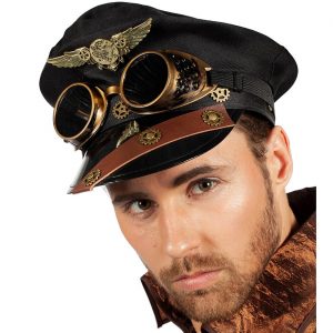 Steampunk Mütze mit Goggles Steampilot mit Brille schwarz-braun
