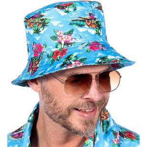 Hawaii / Blumen Eimerhut Fischerhut mit Wassser und Blumen zu Turistenkostüm blau-bunt