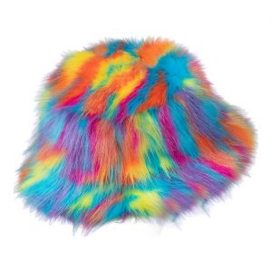 90er Jahre / Regenbogen Eimerhut Fischerhut mit Plüsch Superdeluxe passend zu Pelzmantel bunt