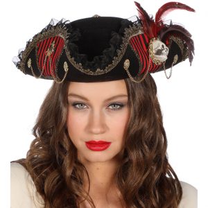 Piraten Dreispitzhut Stripe gestreift mit Ketten und Schädeln rot-schwarz