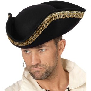 Edelleute / Piraten Dreispitzhut mit Bordüre Filz schwarz-gold