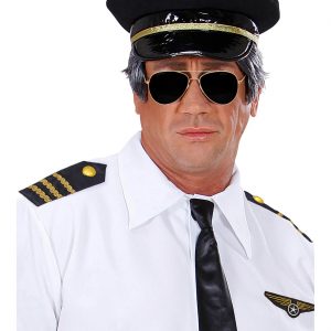 Flugkapitän Pilot Uniform Abzeichen+Brille Set Epauletten+Brosche Polizeimarke+Sonnenbrille Aviator gold-blau