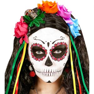 La Catrina D.d.l.M. Haarreif mit Blumen mit Schädel und Bändern bunt