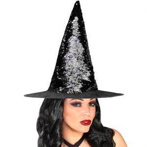 Hexen Zauberer Hexenhut aus Samt mit Wendepailletten schwarz-silber
