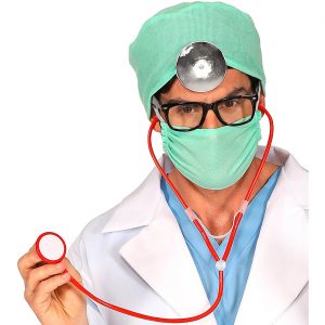 OP Arzt Chirurg Deko Accessoire Set Stirnspiegel Stethoskop OP Mütze Mundschutz grün-rot