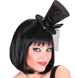 Showgirl / Steampunklady Minihut Zylinder auf Haarreif mit schwarzem Tüll Glitzer und Schleife schwarz
