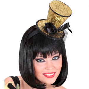 Showgirl / Steampunklady Minihut Zylinder auf Haarreif mit schwarzem Tüll Glitzer und Schleife gold