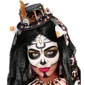 Voodoo Priesterin Minihut Zylinder auf Haarreif mit Federn Knochen und Schädel Schlangenprint braun