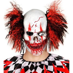 Böser Clown Latexmaske mit Haar blutige Totenkopf Schädel Clownmaske rot-weiß