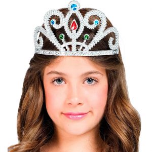 Prinzessin Edeldame Krone Diadem aus Kunststoff mit Steinen eingerollte Enden silber-bunt