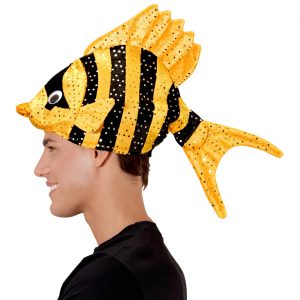 Wassertier Fisch Mütze Textilhut Plüsch in Tropenfischform mit Glitzer orange-schwarz