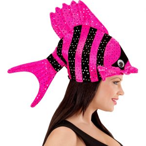 Wassertier Fisch Mütze Textilhut Plüsch in Tropenfischform mit Glitzer pink-schwarz