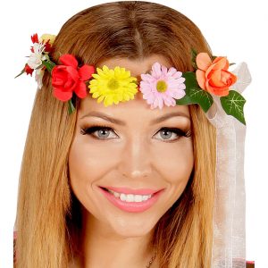 Blumen Haarkranz Blumenkranz Stirnreif Haarband mit Blüten Blättern und Bändern gelb-bunt