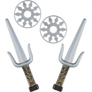 Kombat Ninja Klingenwaffen Set 2 Wurfsterne Shuriken + 2 Saigabeln silber-gold