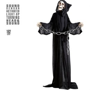 Skelett Tod Deko Hängefigur animiert+LED+Sound mit Kette zwischen den Händen GRIM REAPER 162cm schwarz-weiß