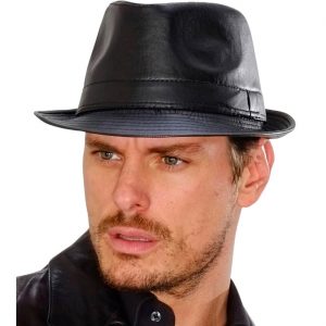 Trilbyhut schmale Krempe in Lederoptik einfarbig schwarz