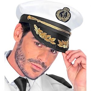 Schiffskapitän Uniform Schildmütze mit Eichenlaub und goldener Kordel Deluxe weiß-schwarz