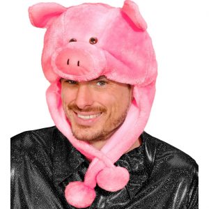 Schweine Mütze Textilhut Plüsch Schweinekopfform Ohrenklappen mit Bommeln rosa