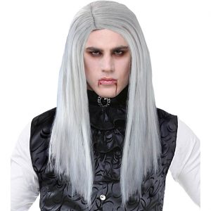 Vampir / Zauberer Perücke lang glatt Vampir Langhaarfrisur mit Mittelscheitel unregelmäßig hellgrau