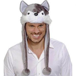 Werwolf Wolf Mütze Textilhut Plüsch Wolfkopfform Ohrenklappen mit Bommeln grau-weiß