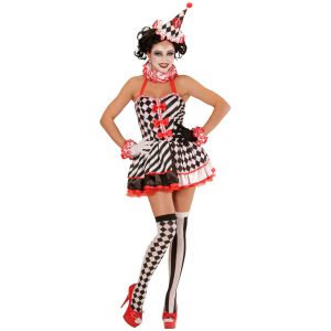 Clowndame Harlekin Kostüm Kleid kurz Pierrot Girl kariert gestreift mit Armbändern und Hut schwarz-weiß