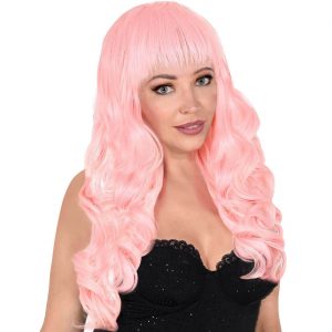 Perücke lang lockig Bella Langhaarfrisur mit Locken und Pony einfarbig rosa