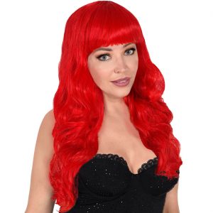 Perücke lang lockig Bella Langhaarfrisur mit Locken und Pony einfarbig rot