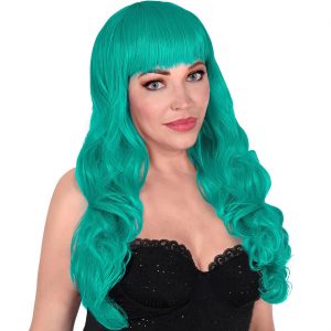 Perücke lang lockig Bella Langhaarfrisur mit Locken und Pony einfarbig türkis